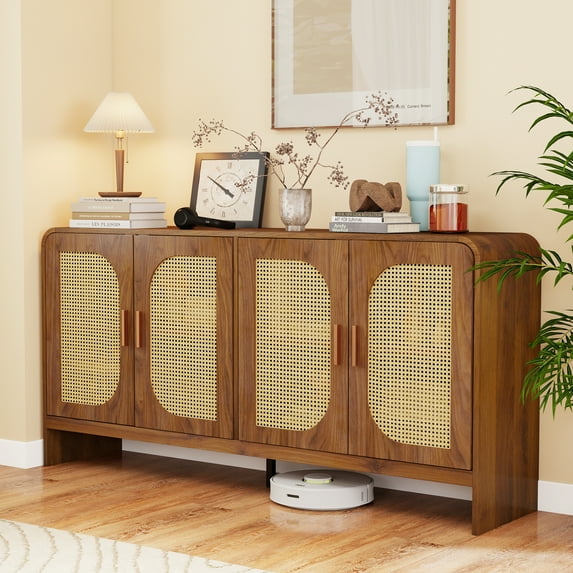 Modern Rattan Sideboard Buffet Cabinet, Boho Kitchen Buffet Table Console Cabinets with Adjustable Shelves, Living Room TV Stand for TVs up to 65", for Dining Living Room Entryway, Walnut