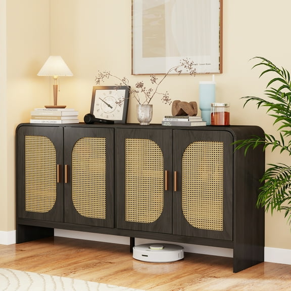 Modern Rattan Sideboard Buffet Cabinet, Boho Kitchen Buffet Table Console Cabinets with Adjustable Shelves, Living Room TV Stand for TVs up to 65", for Dining Living Room Entryway, Black