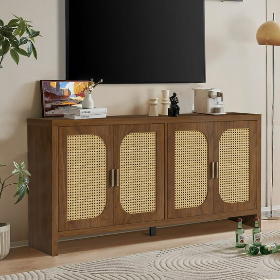 Modern Rattan Sideboard Buffet Cabinet, Kitchen Storage Cabinet, Living Room TV Stand for TVs up to 65", Entertainment Center with Adjustable Shelf, for Dining Living Room Hallway, Walnut