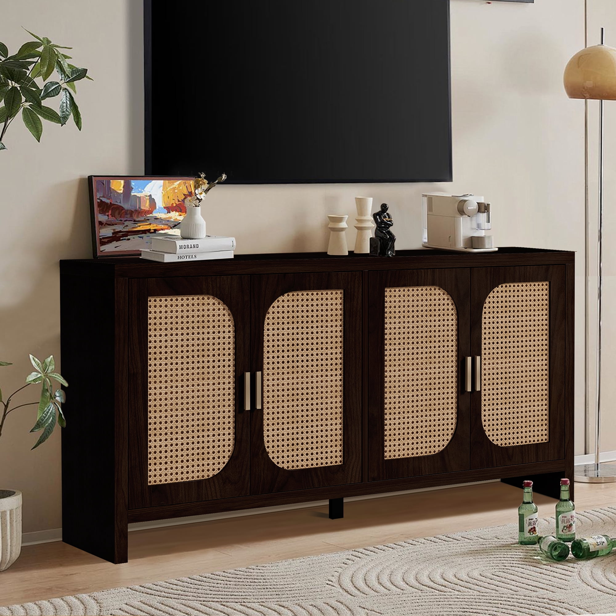 Modern Rattan Sideboard Buffet Cabinet, Kitchen Storage Cabinet, Living Room TV Stand for TVs up to 65", Entertainment Center with Adjustable Shelf, for Dining Living Room Hallway, Walnut