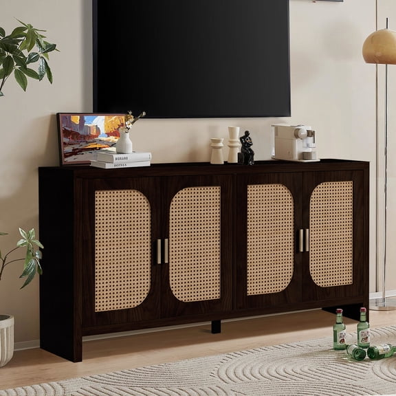 Modern Rattan Sideboard Buffet Cabinet, Kitchen Storage Cabinet, Living Room TV Stand for TVs up to 65", Entertainment Center with Adjustable Shelf, for Dining Living Room Hallway, Walnut