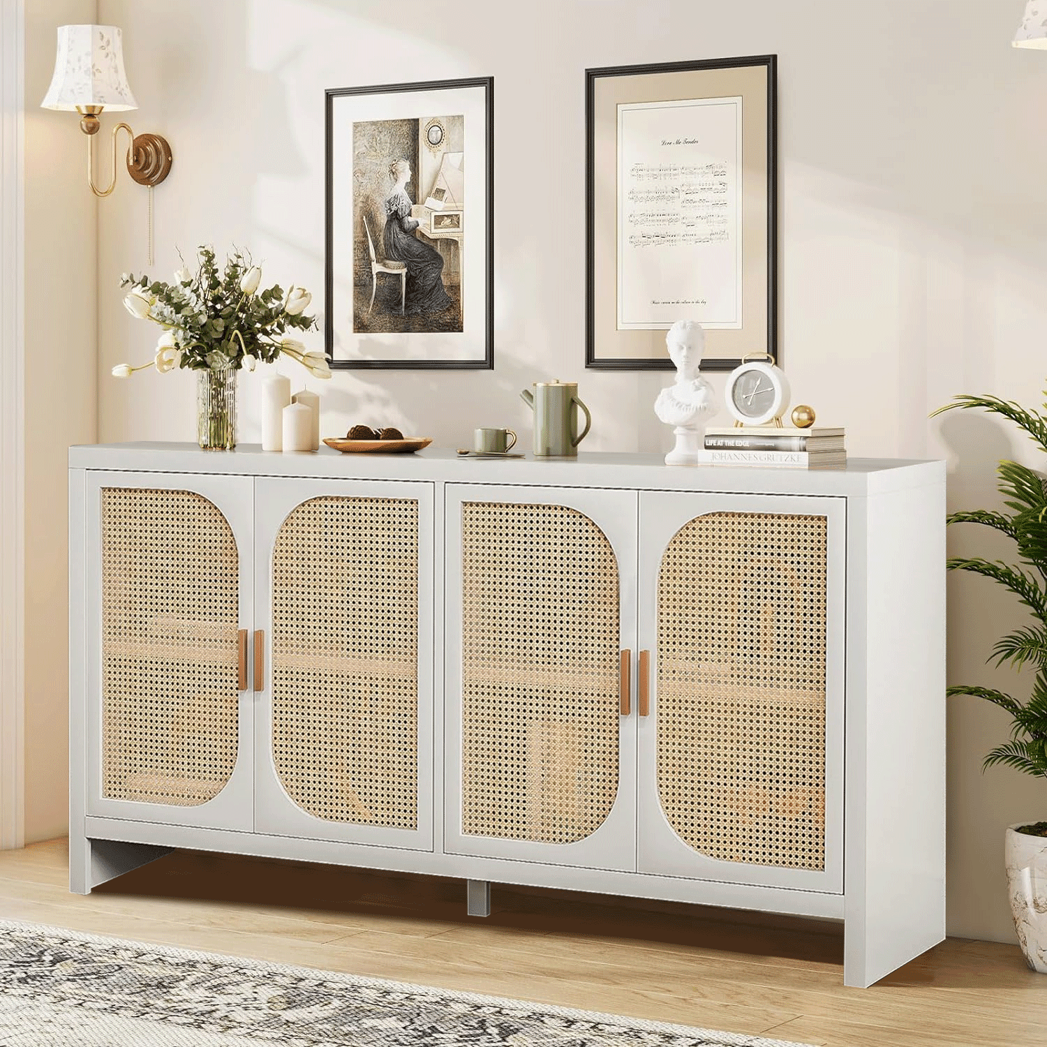 Modern Rattan Sideboard Buffet Cabinet Kitchen Storage Cabinet Living Room TV Stand for TVs up to 65