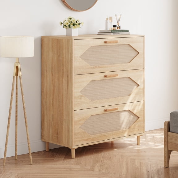 Modern Rattan Sideboard Cabinet - 3 Drawer Wooden Buffet - Ample Storage for Dining Room or Entryway - Mid-Century Boho Style - Rustic Oak Finish - Easy Assembly