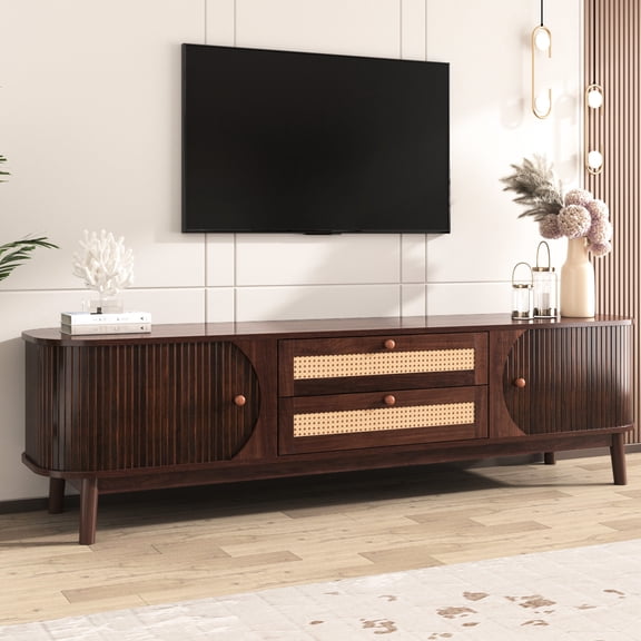 Modern Rattan TV Cabinet with Solid Wood Legs and Cable Management for Home Theatre Space