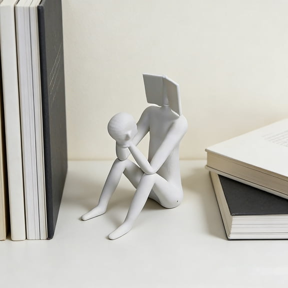 Modern Reading Statue Sculpture - Abstract Art Bookend Decoration for Bookshelf, Living Room, Bedroom & Office, Elegant Resin Figurine Gift White