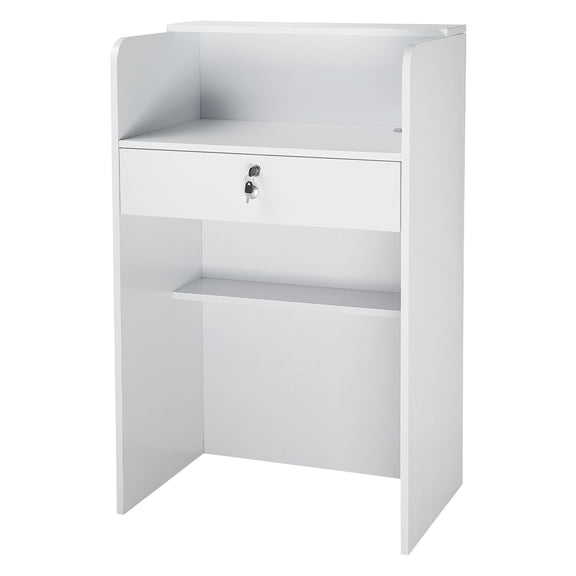 Modern Reception Desk 23.6 Inch Front Counter Table with Drawer, White Retail Checkout Stand for Office Lobby Salon