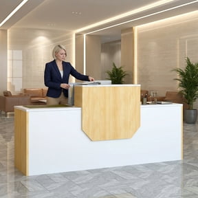 Modern Reception Desk with Counter,Open Front Desk Reception Counter with Door Cabinet,63in Gloss White Checkout Counter for Salon Reception Room Office Boutique Lobby