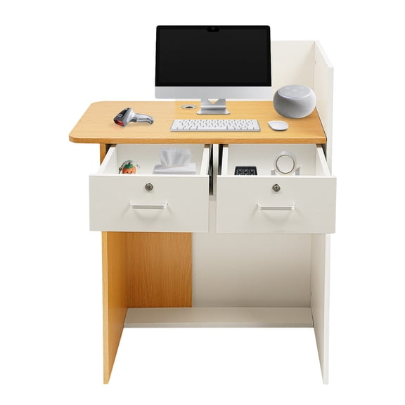 Modern Reception Desk with LED Light Office Front Desk with 2 Lockable Drawers & 4 Keys Sturdy Checkout Counter for Retail Store Clothing Shop Cafe Restaurant (Brown)
