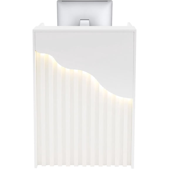 Modern Reception Desk with LED Light, Small Front Desk with Lockable Drawer, White Retail Checkout Counter for Clothing Store Lobby Beauty Salon, 23.62 * 15.75 * 37.8in (White)