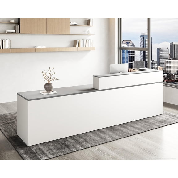 Anzhap 62.9-Inch Straight Reception Desk with Raised Counter, Lockable Drawer, Keyboard Tray, Storage Shelves and Cable Management, White and Gray