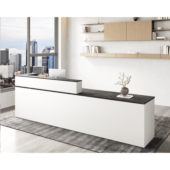 Anzhap 71-Inch Straight Reception Desk with Raised Counter, Lockable Drawer, Keyboard Tray, Storage Shelves and Cable Management, White and Gray