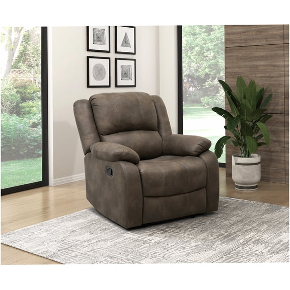 Modern Recliner Chair with Pillowtop Arms, Brown Microfiber Upholstery, Solid Wood Frame for Living Room