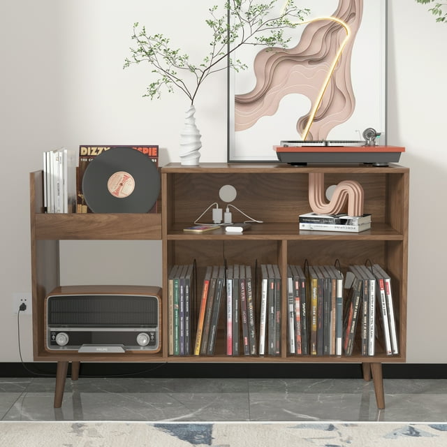 Modern Record Player Stand with Power Outlets Vinyl Record Storage
