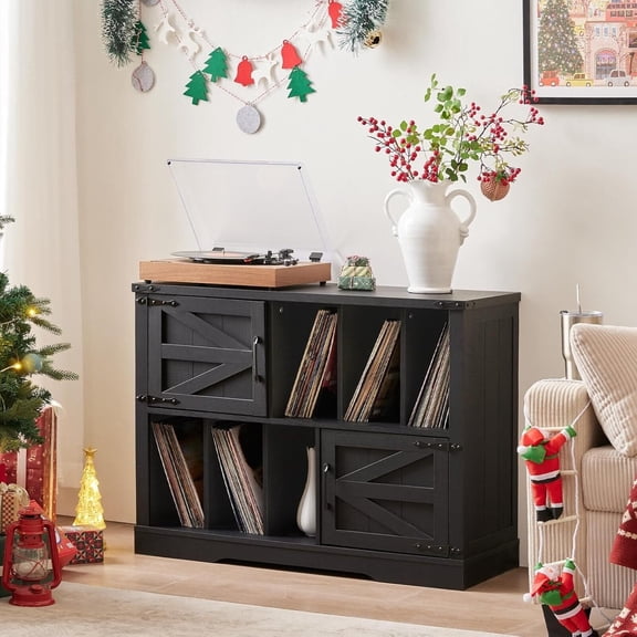 Modern Record Player Stand with Vinyl Record Storage, Media Storage Table with Display Shelf Turntable Table Holds up to 450 Albums for Living Room Bedroom, Black