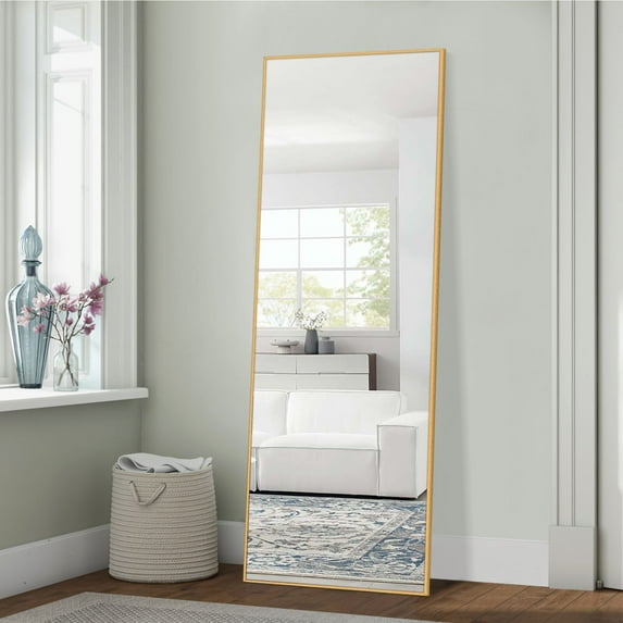 Modern Rectangle Aluminum Alloy Framed Gold Freestanding Leaning Wall-mounted Full Length Floor Mirror
