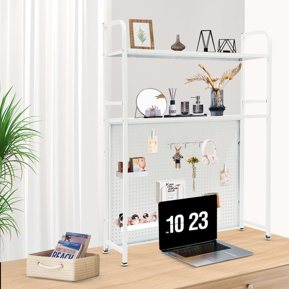 Modern Rectangle Clamp on Desk Shelf with Pegboard Tabletop Organizer Bookshelf Storage White