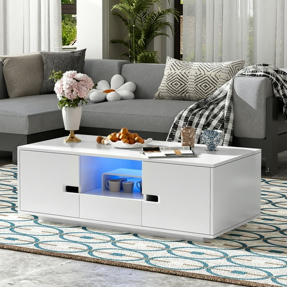 Modern Rectangle Coffee Table, Center Table with Storage Drawers Doors and LED Lights for Living Room Office
