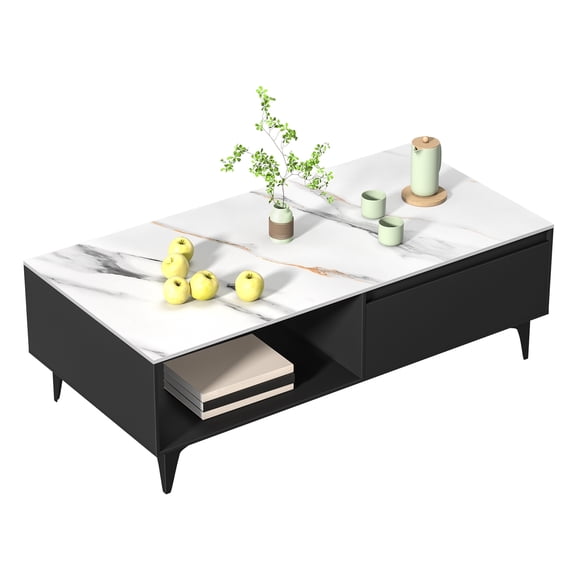 Modern Rectangle Coffee Table with Storage Drawer & Open Shelf, 220lbs Capacity, for Living Room, Office, Easy to Assemble, Mid-Century Style Center Table