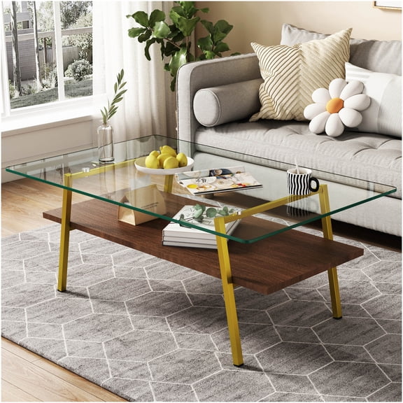 Modern Rectangle Coffee Table with Gold Metal Legs and Clear Tempered Glass Top