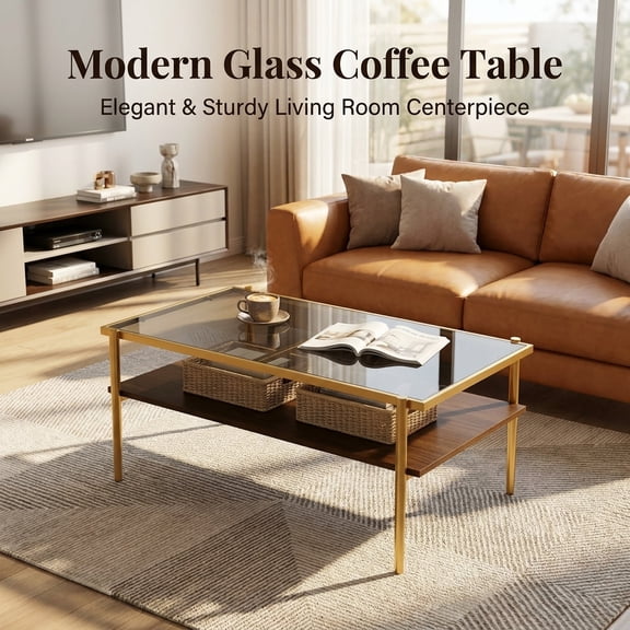 Modern Rectangle Coffee Table with Gray Tempered Glass Top, Gold Metal Frame and Walnut MDF Storage Shelf, 2-Tier Living Room Center Table, 38.39"