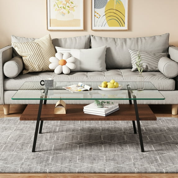 Modern Rectangle Coffee Table with Tempered Glass Top and Black Metal Legs, Durable Living Room Accent Table, Easy Clean Smooth Edges