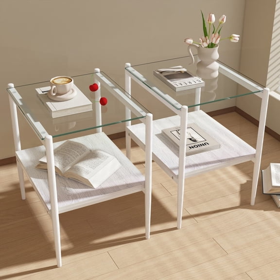 Modern Rectangle End Tables - Set of 2, Tempered Glass & MDF, 19.1"L x 15.35"W x 21.14"H, 110lbs Load