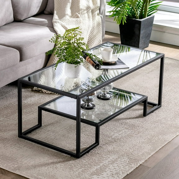 Modern Rectangle Glass Coffee Table Side Table Black Metal Frame with Shelf Home Office Living Room Furniture