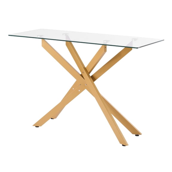 Modern Rectangle Glass Coffee Table with Tempered Top Iron Cross Legs Golden Geometric Console Desk Adjustable Anti Slip Foot Pads for Living Room Entryway Foyer