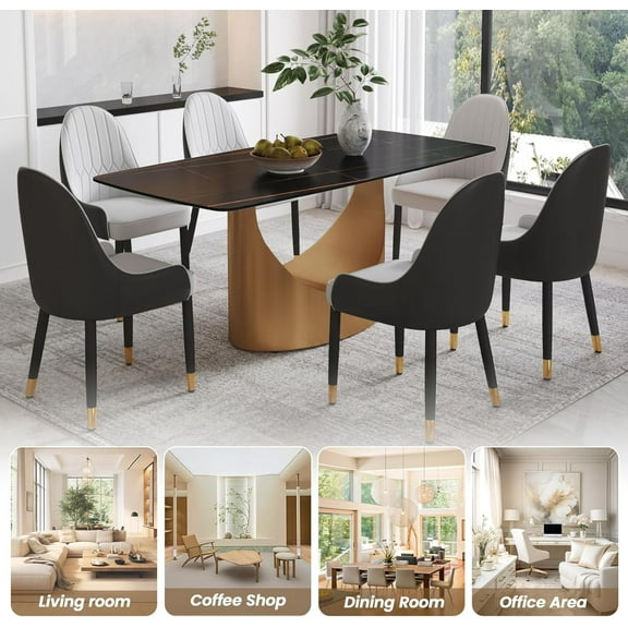 Modern Rectangle Marble Dining Table,63" Black Marble Sintered Stone Top Dining Table,Rectangle Dining Room Table with Unique U-Shape Gold Carbon Steel Pedestal for Kitchen/Living Room(Table Only)