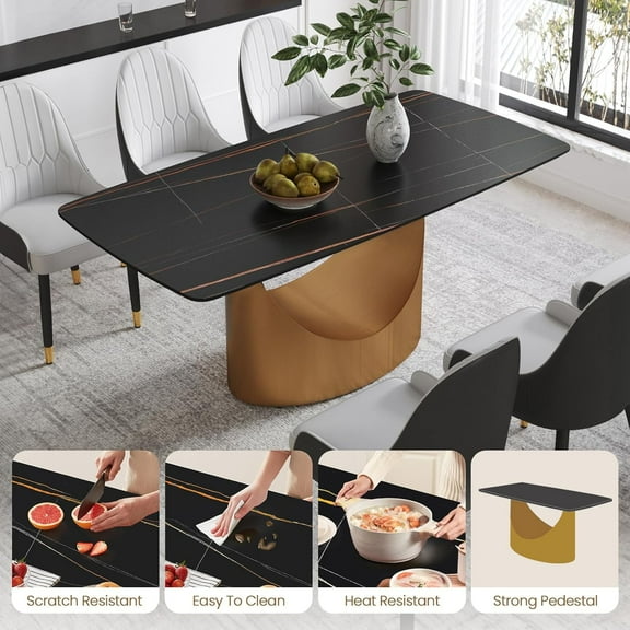 Modern Rectangle Marble Dining Table,71" Black Marble Sintered Stone Top Dining Table,Rectangle Dining Room Table with Unique U-Shape Carbon Steel Pedestal for Kitchen/Living Room(Table Only)