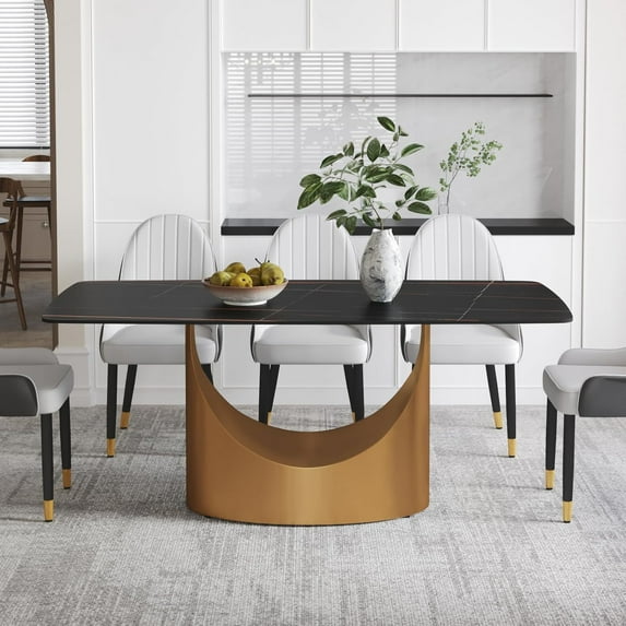 Modern Rectangle Marble Dining Table,71" Black Marble Sintered Stone Top Dining Table,Rectangle Dining Room Table with Unique U-Shape Gold Carbon Steel Pedestal for Kitchen/Living Room(Table Only)