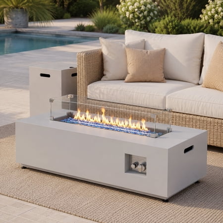 RADIATA 42" Outdoor Propane Fire Pit Table, No Assembly 50,000 BTU Rectangle Gas Fire Pit, Natural Gas Compatible with Conversion Fitting, Hidden Propane Tank Table, CSA Certified, Light Gray
