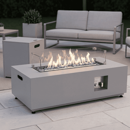 RADIATA 42" Outdoor Propane Fire Pit Table, No Assembly 50,000 BTU Rectangle Gas Fire Pit, Natural Gas Compatible with Conversion Fitting, Hidden Propane Tank Table, CSA Certified, Light Gray