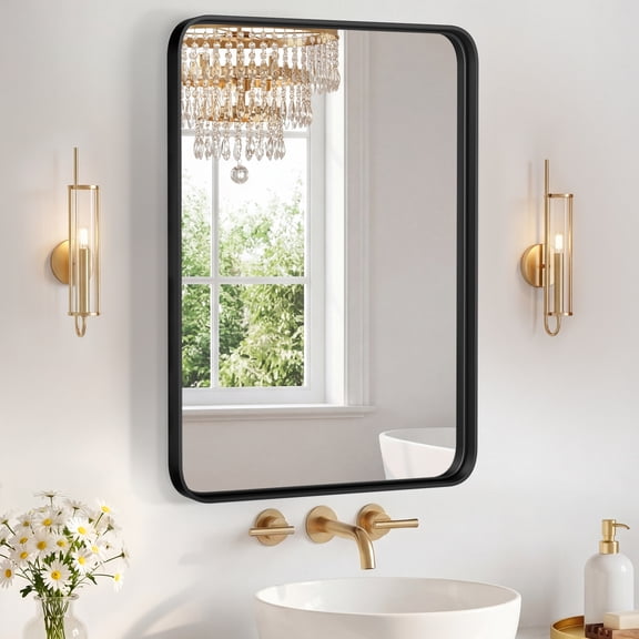 Modern Rectangle Wall Mount Vanity Mirror 3022 Inch, Black Metal Frame with Smooth Rounded Corners, Horizontal Vertical Hanging Mirror for Bathroom Sink Area