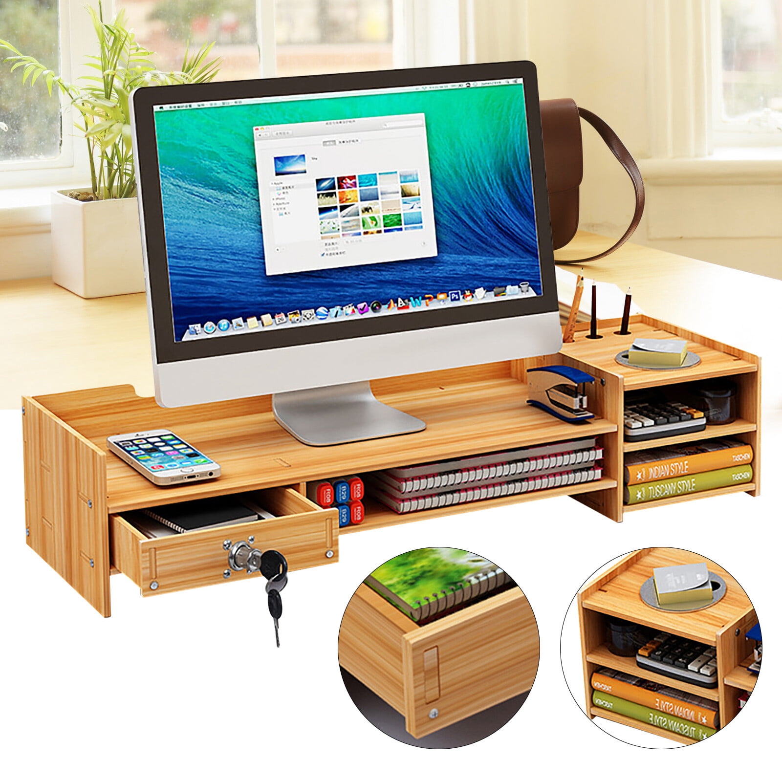 Modern Rectangle Wood Desk Organizer Home Office Desktop Storage Drawer Computer Holder + Lock Load-Bearing Capacity 5.51-11.02lbs 25.2*7.87*5.33in for Study, Office, Home