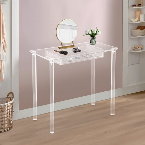 Modern Rectangular Acrylic Makeup Vanity Desk-Clear Vanity Table With Drawer-Small Makeup Table