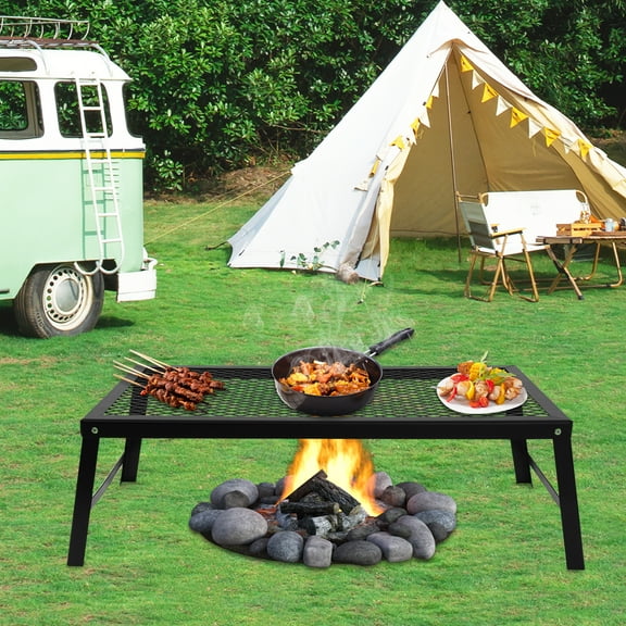 Modern Rectangular Black Campfire Grill Fire Pit Cooking Grate Bbq Rack Griddle Plate Folding w/ Legs