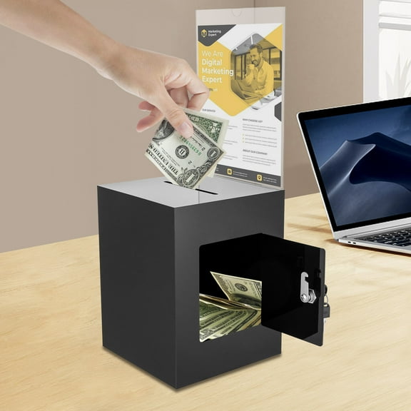 Modern Rectangular Black Donation Box with Lock Ballot Box with Sign Holder Suggestion Box