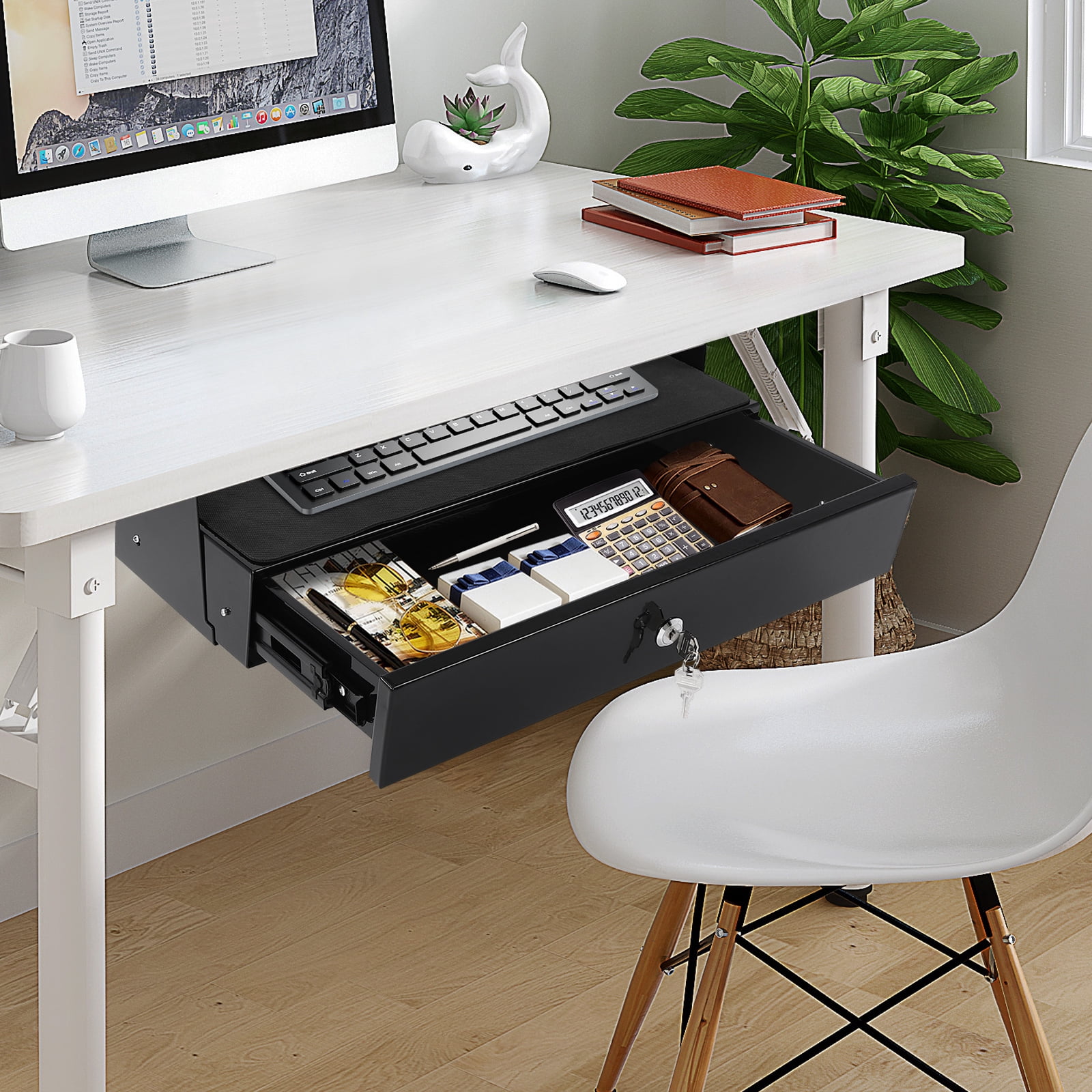 Modern Rectangular Black Under Desk Mounted Sliding Pull-out Drawer for Standing Desks, Pull-out Drawer