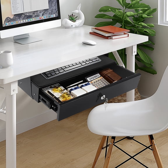 Modern Rectangular Black Under Desk Mounted Sliding Pull-out Drawer for Standing Desks, Pull-out Drawer