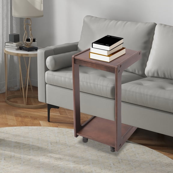 Modern Rectangular Brown Solid Wood C-Shaped Side Table with Drawer & Lockable Wheels for Living Room