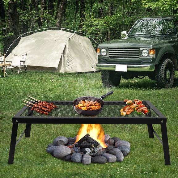 Modern Rectangular Campfire Grill Fire Pit Cooking Grate Bbq Rack Griddle Plate Folding w/ Legs Black