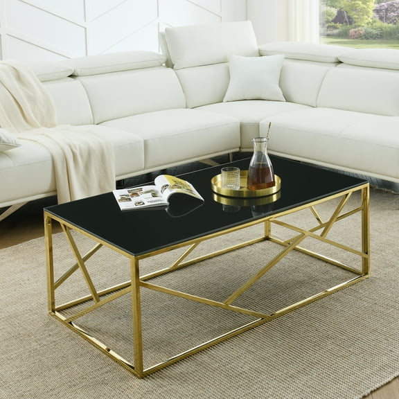 Modern Rectangular Coffee Accent Table with Black Tempered Glass Top and Stainless Steel Frame