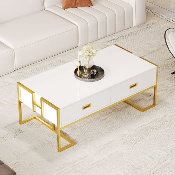 Modern Rectangular Coffee Table, Wood Center Table With Storage Drawers and Gold Metal Frame For Living Room Office Apartment