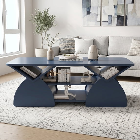 Modern Rectangular Coffee Table with 6 Storage Shelves - Geometric Design, Blue