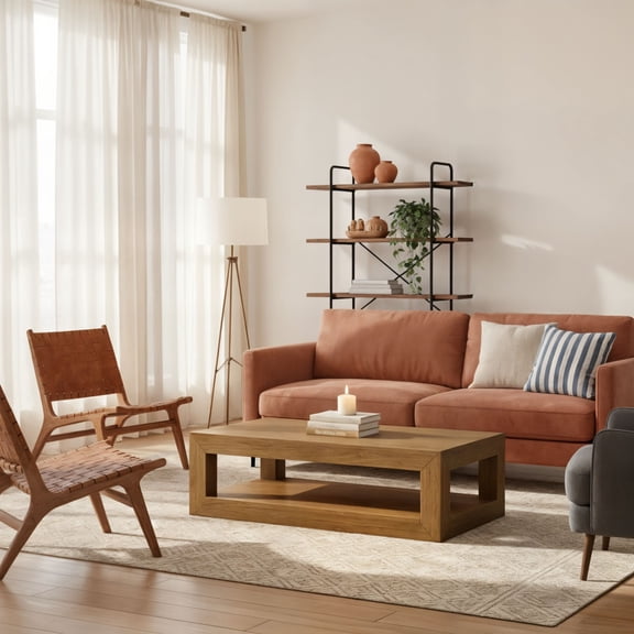 Modern Rectangular Coffee Table with Bottom Shelf (48in x 24in / 1220mm x 610mm), Pecan Wirebrush
