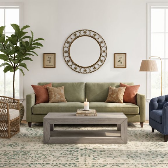 Modern Rectangular Coffee Table with Bottom Shelf (48in x 24in / 1220mm x 610mm), Seashell Wirebrush