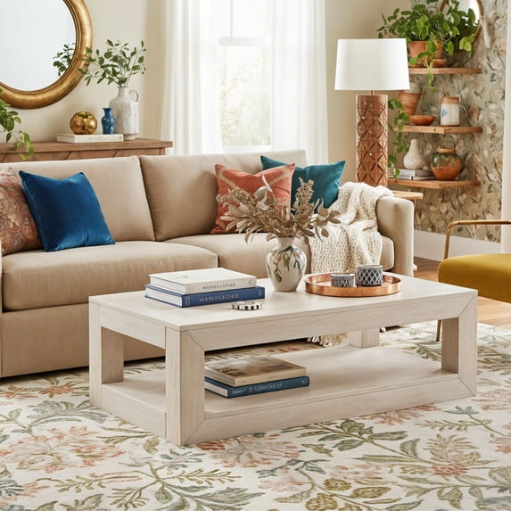 Modern Rectangular Coffee Table with Bottom Shelf (48in x 24in / 1220mm x 610mm) White Sand Wirebrush