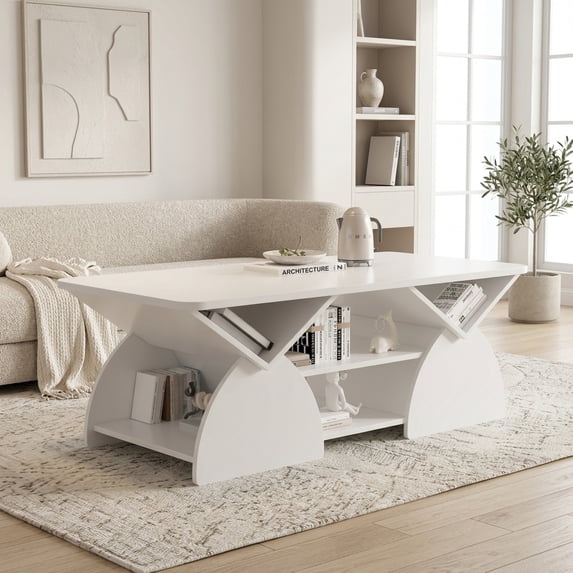 Modern Rectangular Coffee Table with Storage Shelves - White Engineered Wood