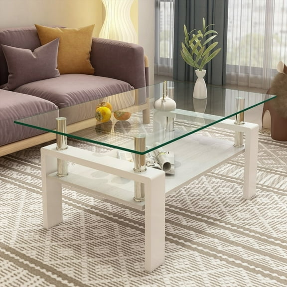 Modern Rectangular Coffee Table with Tempered Glass and MDF, Load-bearing 220lbs for Living Room